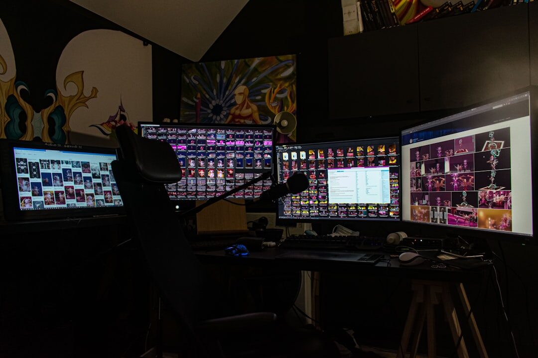 Modern television broadcast control room with multiple monitors and mixing equipment
