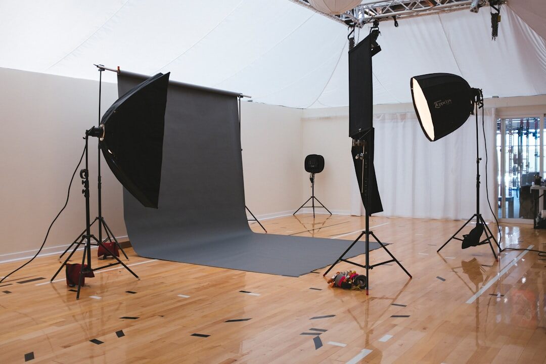 Professional television camera and lighting equipment set up in a studio